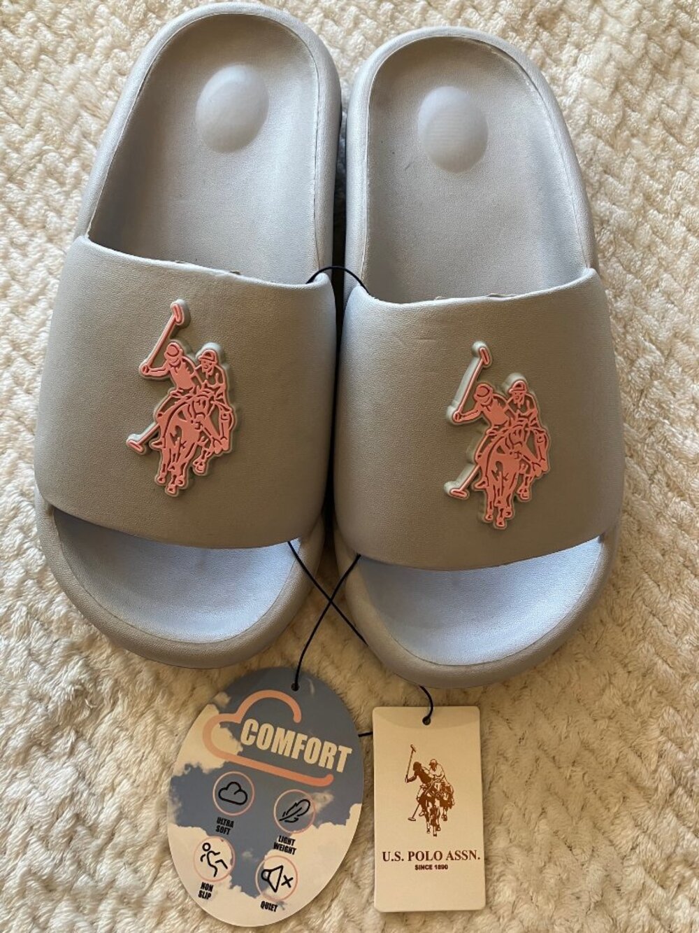 U.S. Polo Assn Womens 9 Gray Comfort Slides Sandals Pink Logo Cushion NWT